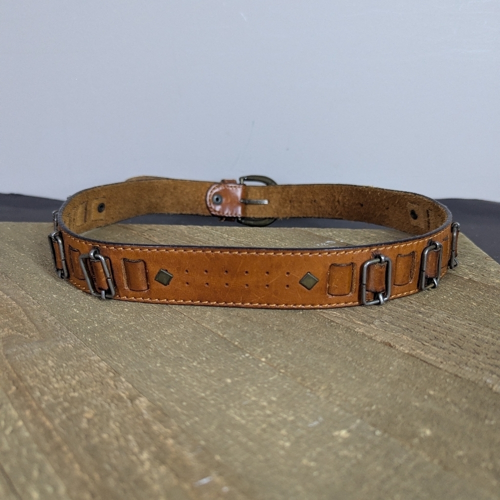 Vintage Brown Leather Belt – Adjustable 24.5" to 33" | Brass Buckle, Extra Holes - Picture 5 of 6